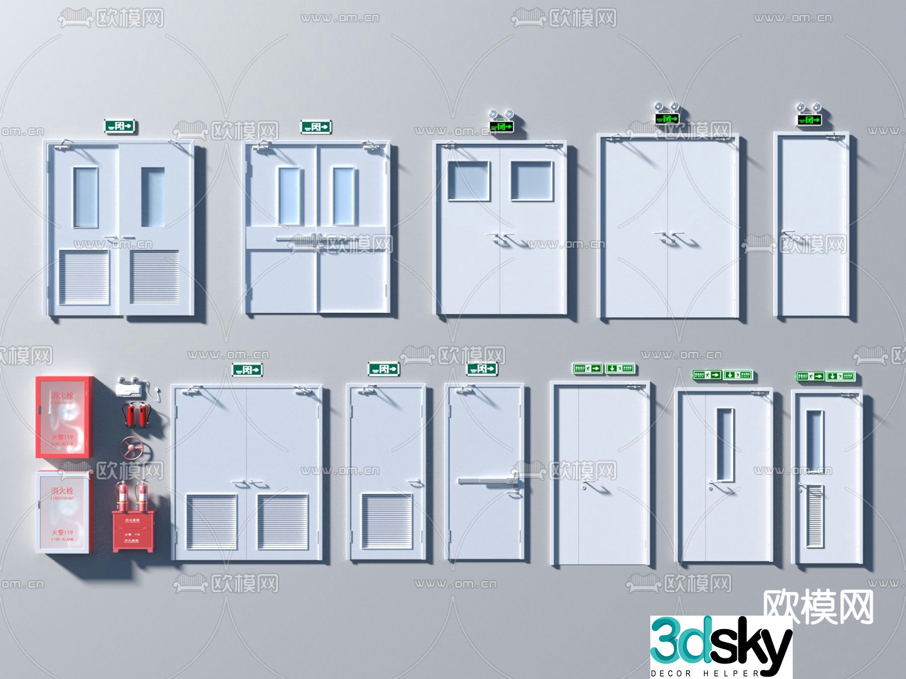 Modern fire door fire hydrant emergency lighting 3d model