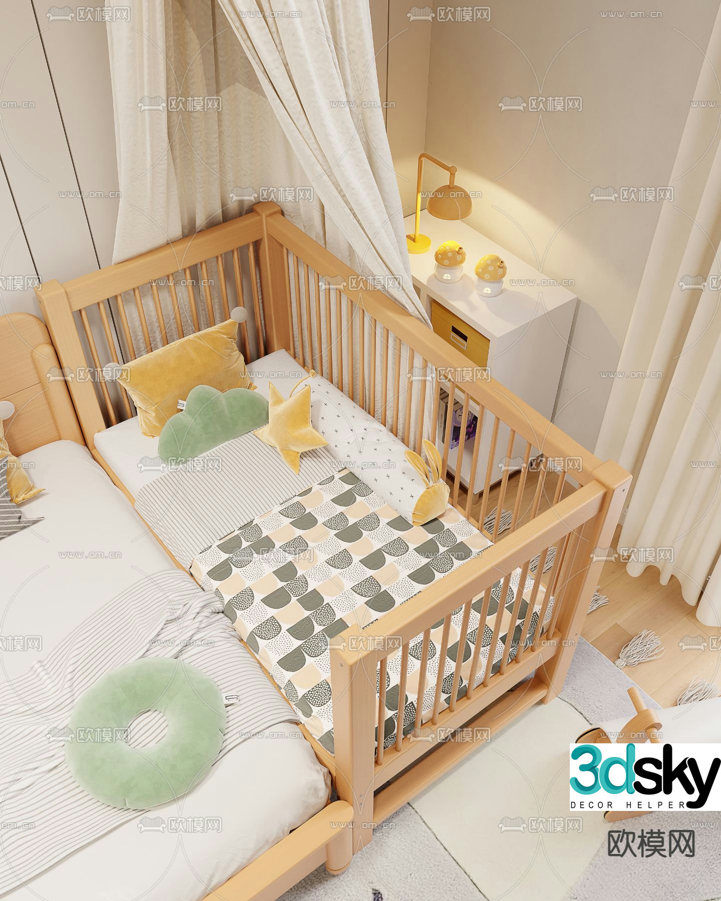 Nordic style solid wood crib 3D model