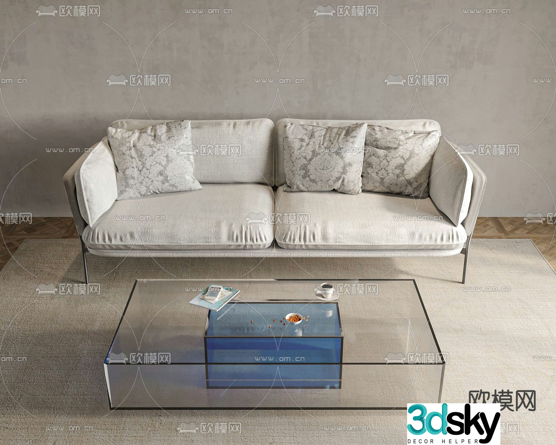 Minotti modern white fabric double sofa coffee table combination 3d model