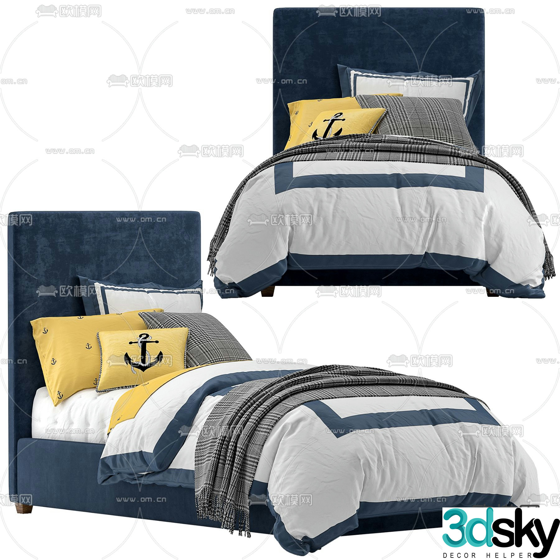 Nordic style blue single children’s bed 3D model