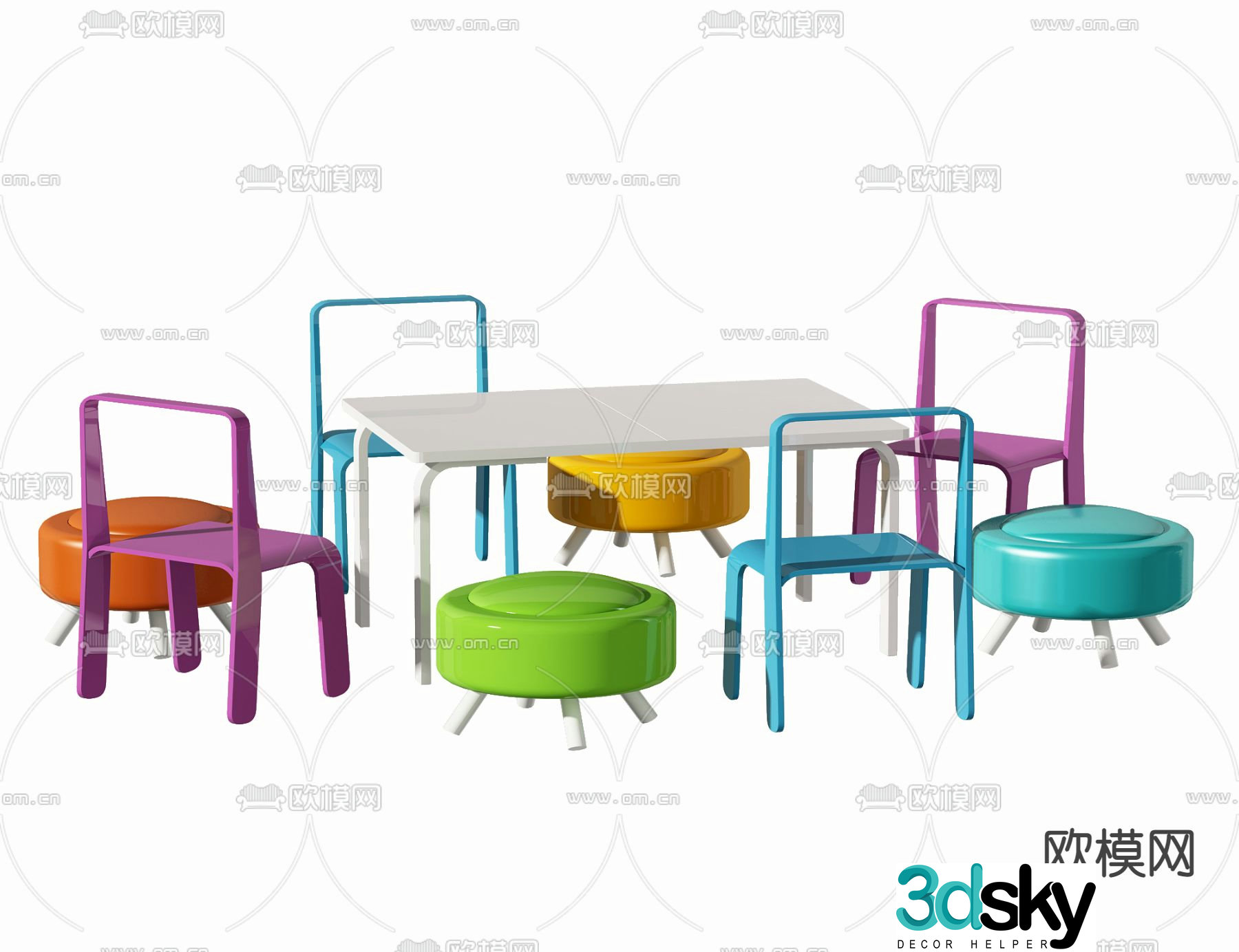 Modern colorful children’s table and chairs 3d model