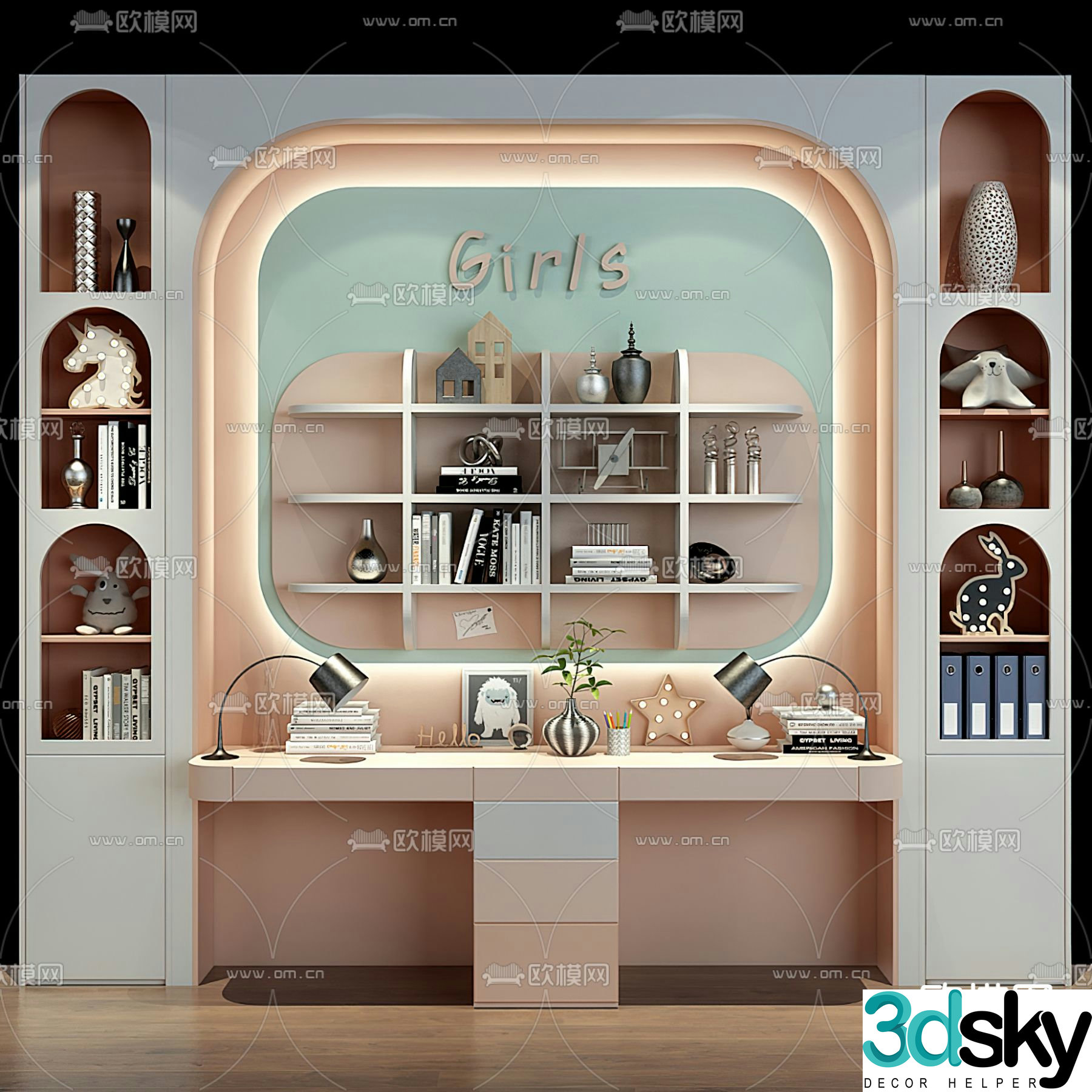 Modern children’s desk bookcase combination 3d model
