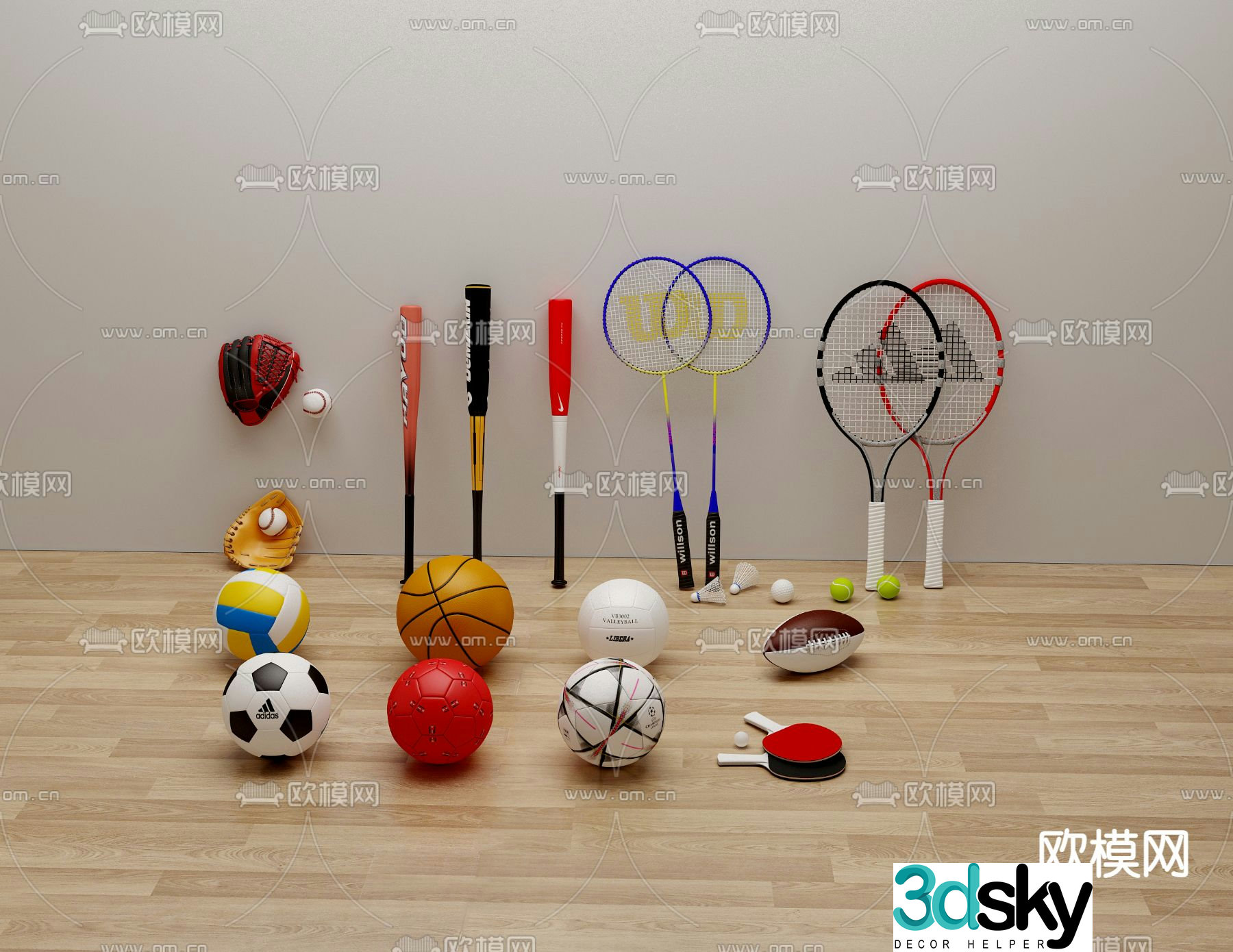 Sports goods basketball badminton racket 3d model