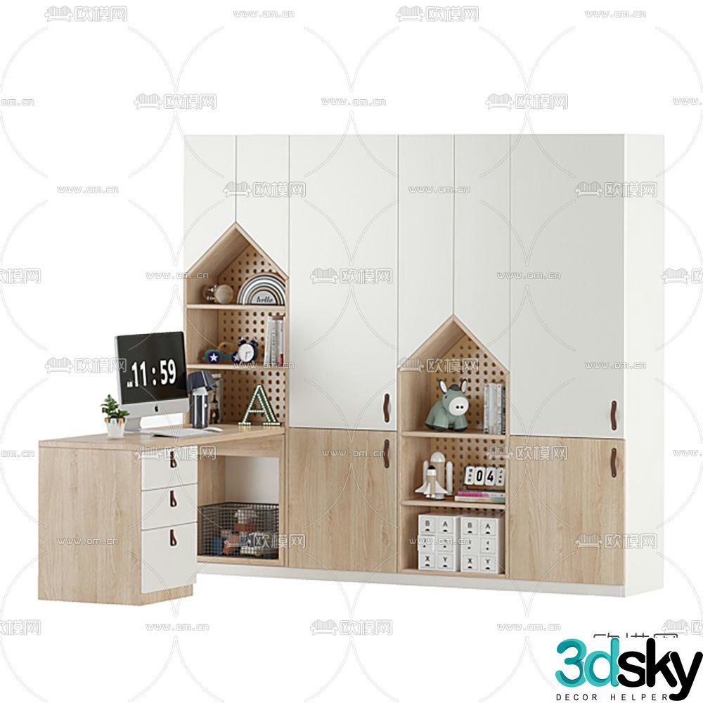 Modern children’s integrated decorative cabinet desk 3D model