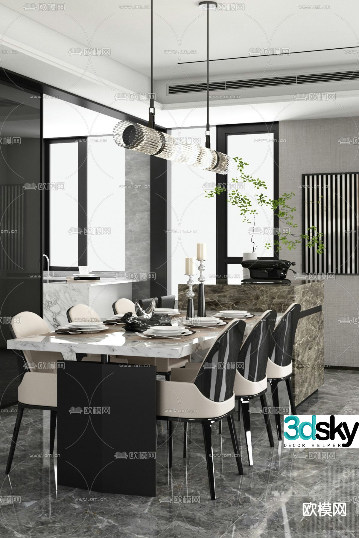 Yuanhe Daqian modern high-end gray restaurant 3D model