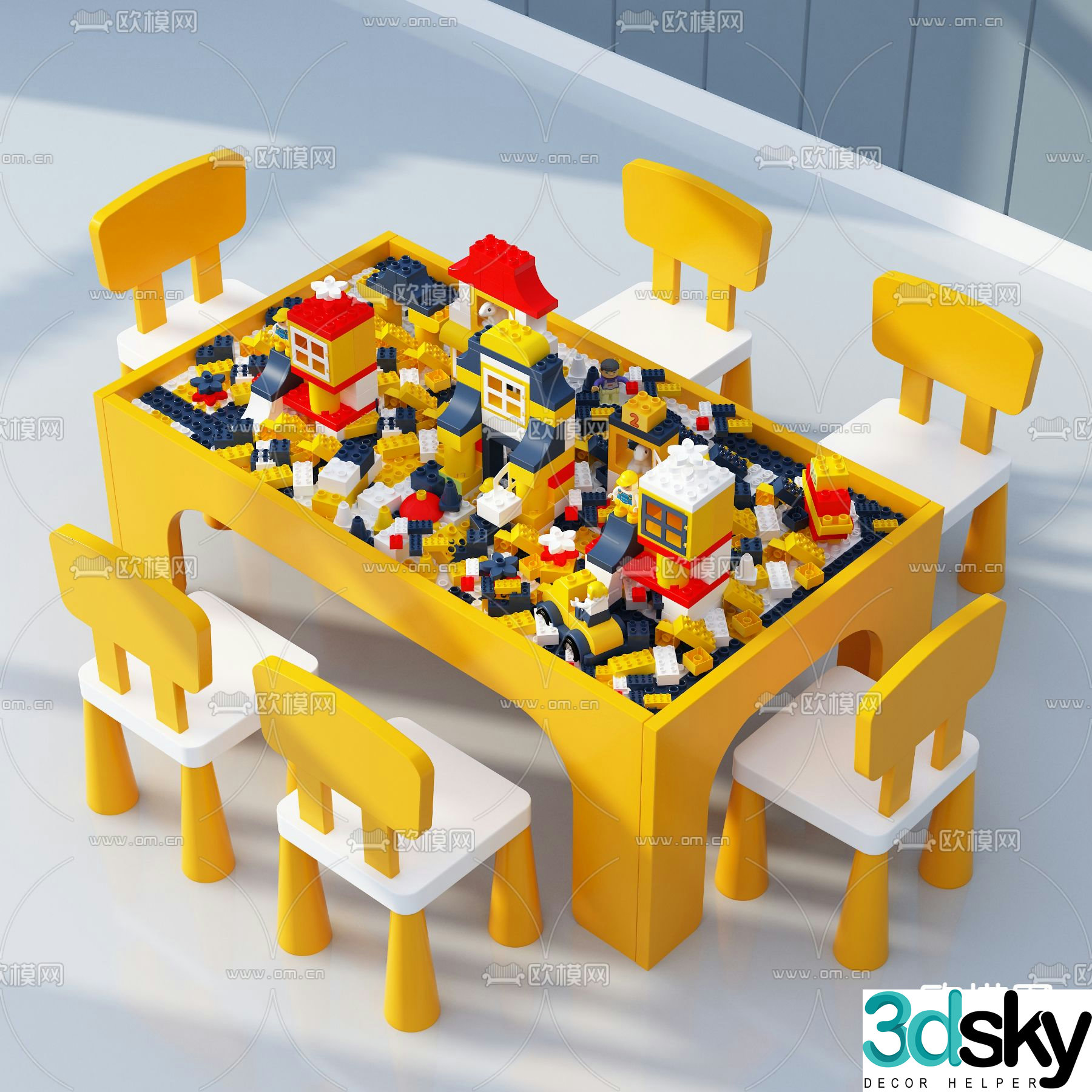 Nordic style yellow children’s building blocks table and chairs 3D model