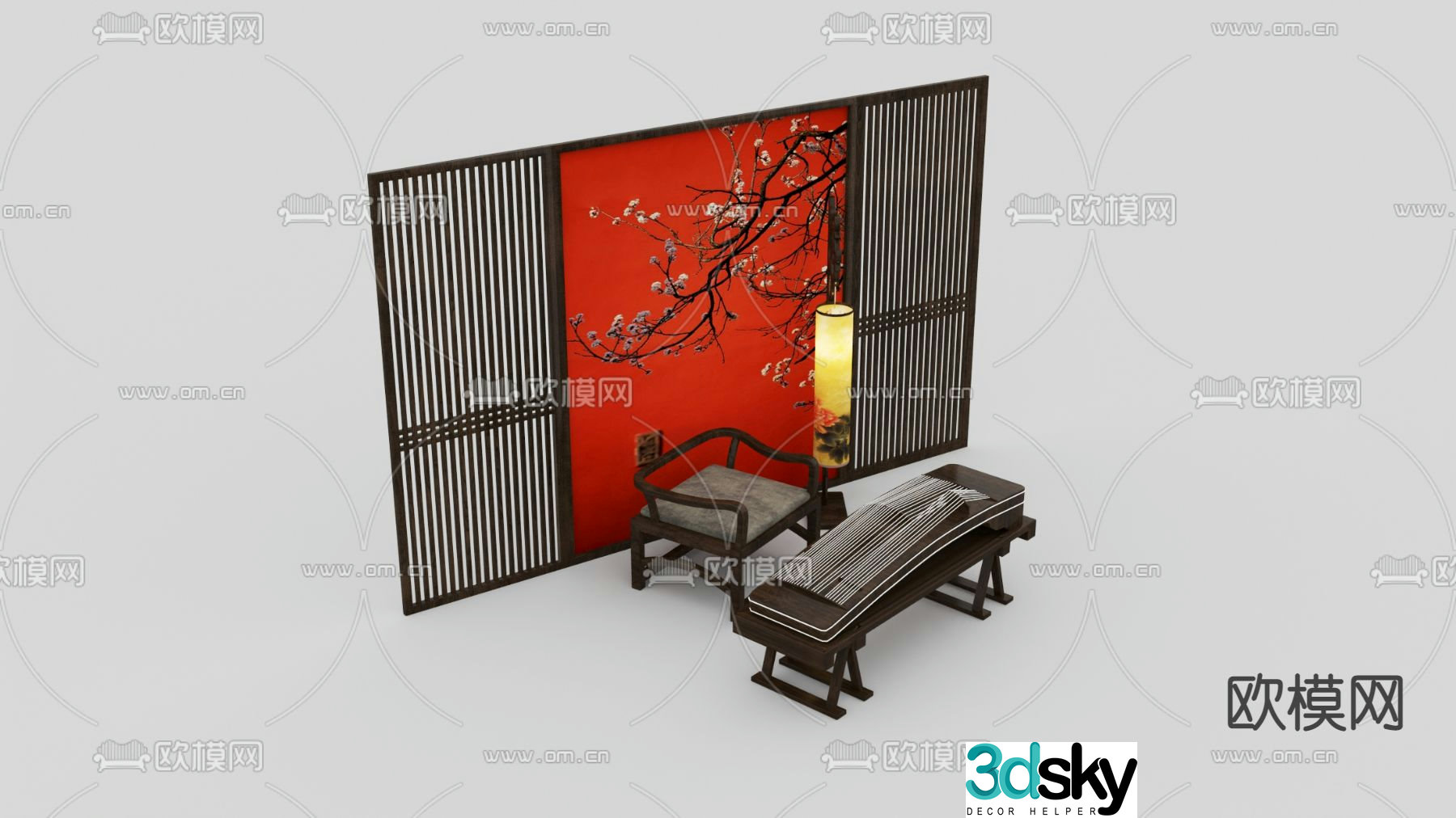 New Chinese style solid wood background wall guqin free 3d model
