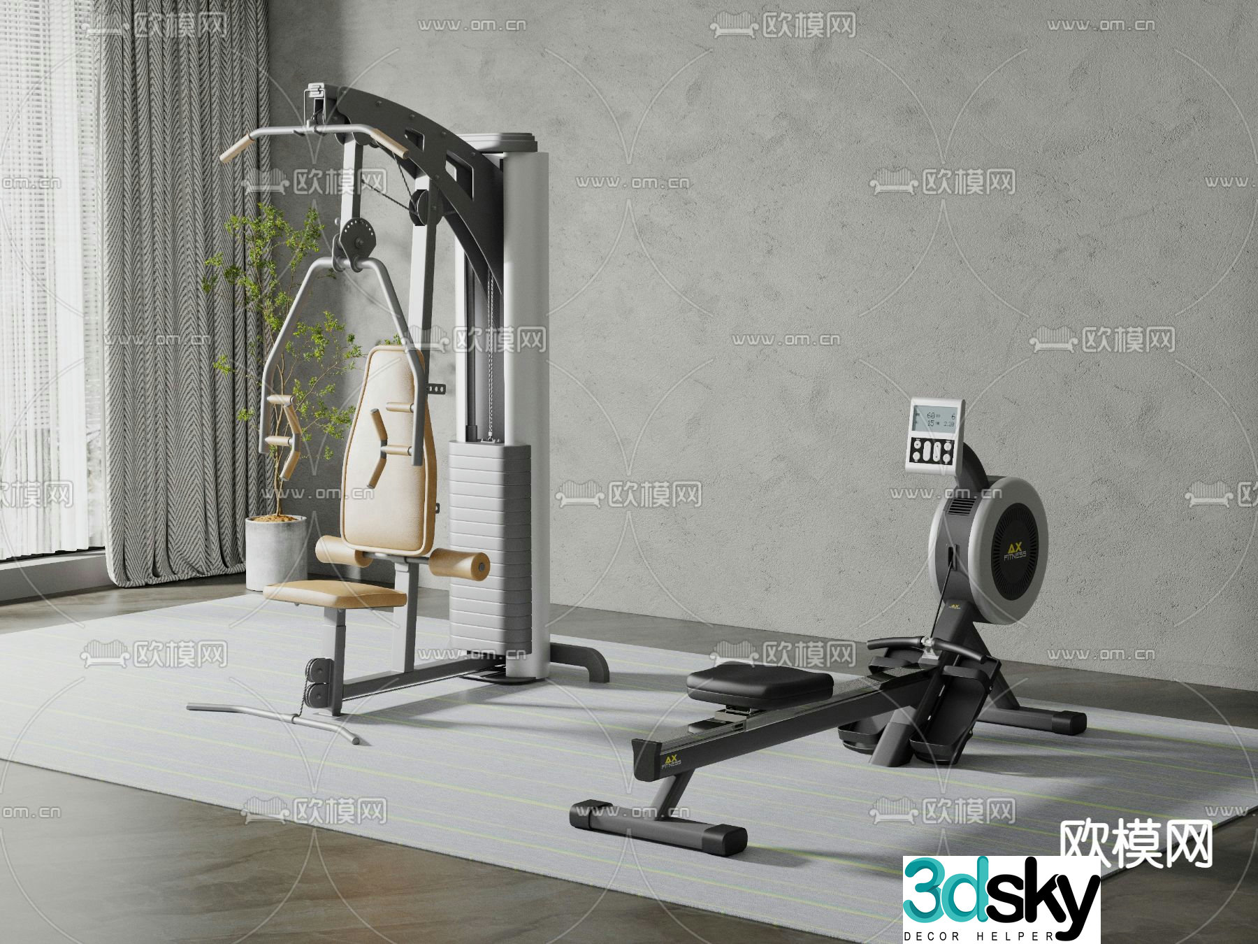 Modern fitness equipment rowing machine 3d model