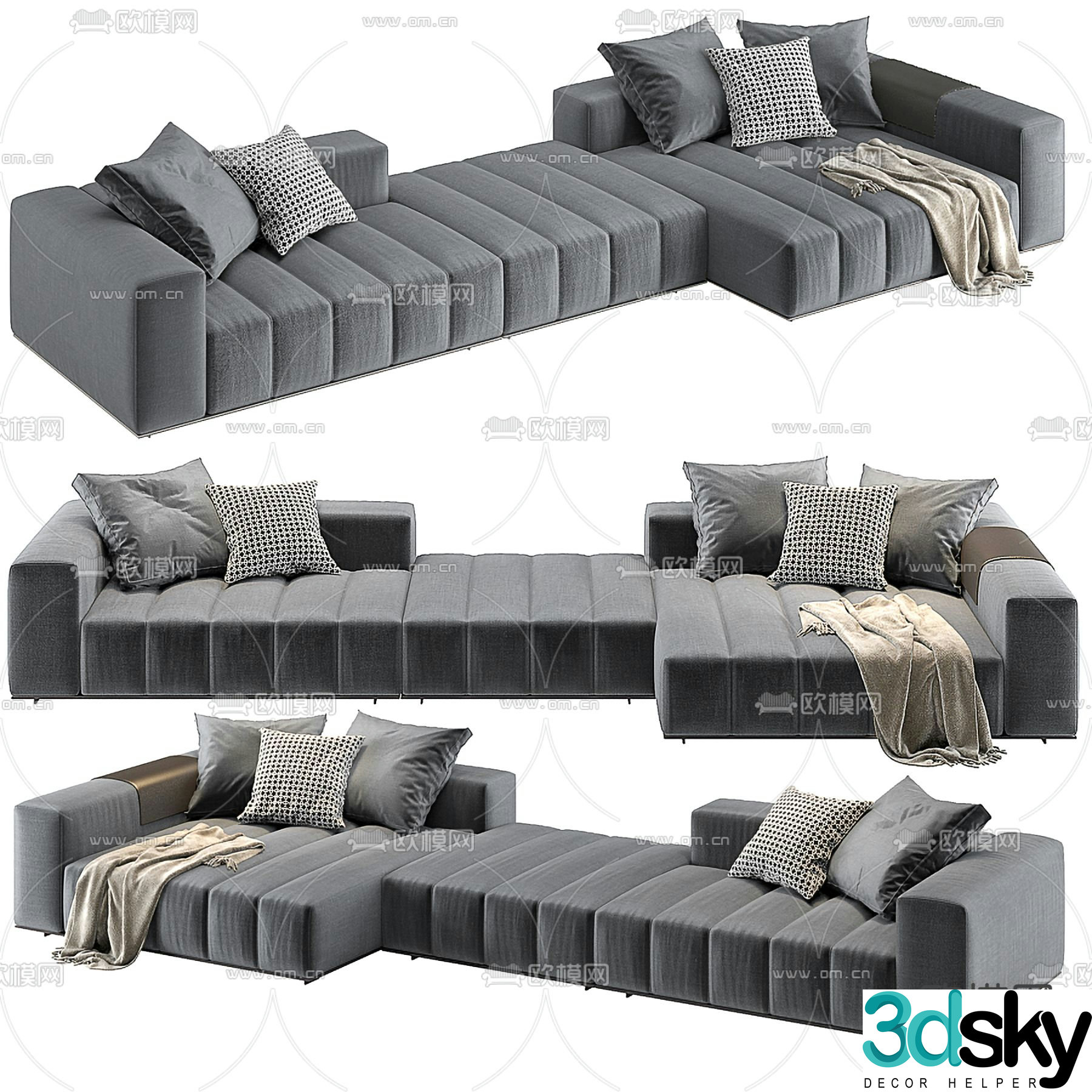 Minotti Goodman premium gray stitching sofa 3d model