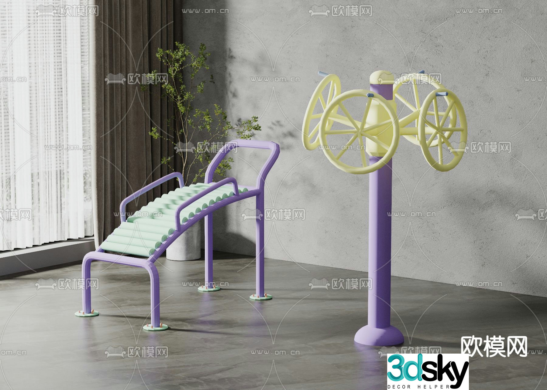 3D model of fitness equipment in modern park community