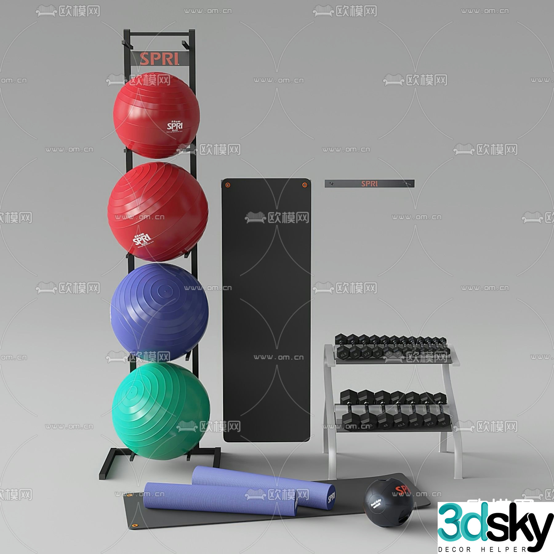 Fitness equipment yoga ball yoga mat dumbbell 3d model