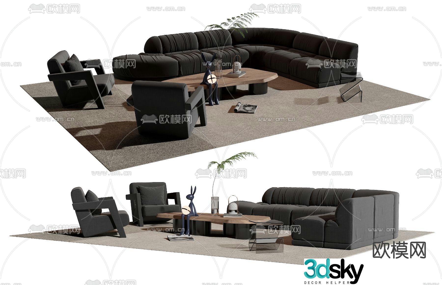 Cassina black corner sectional sofa 3d model