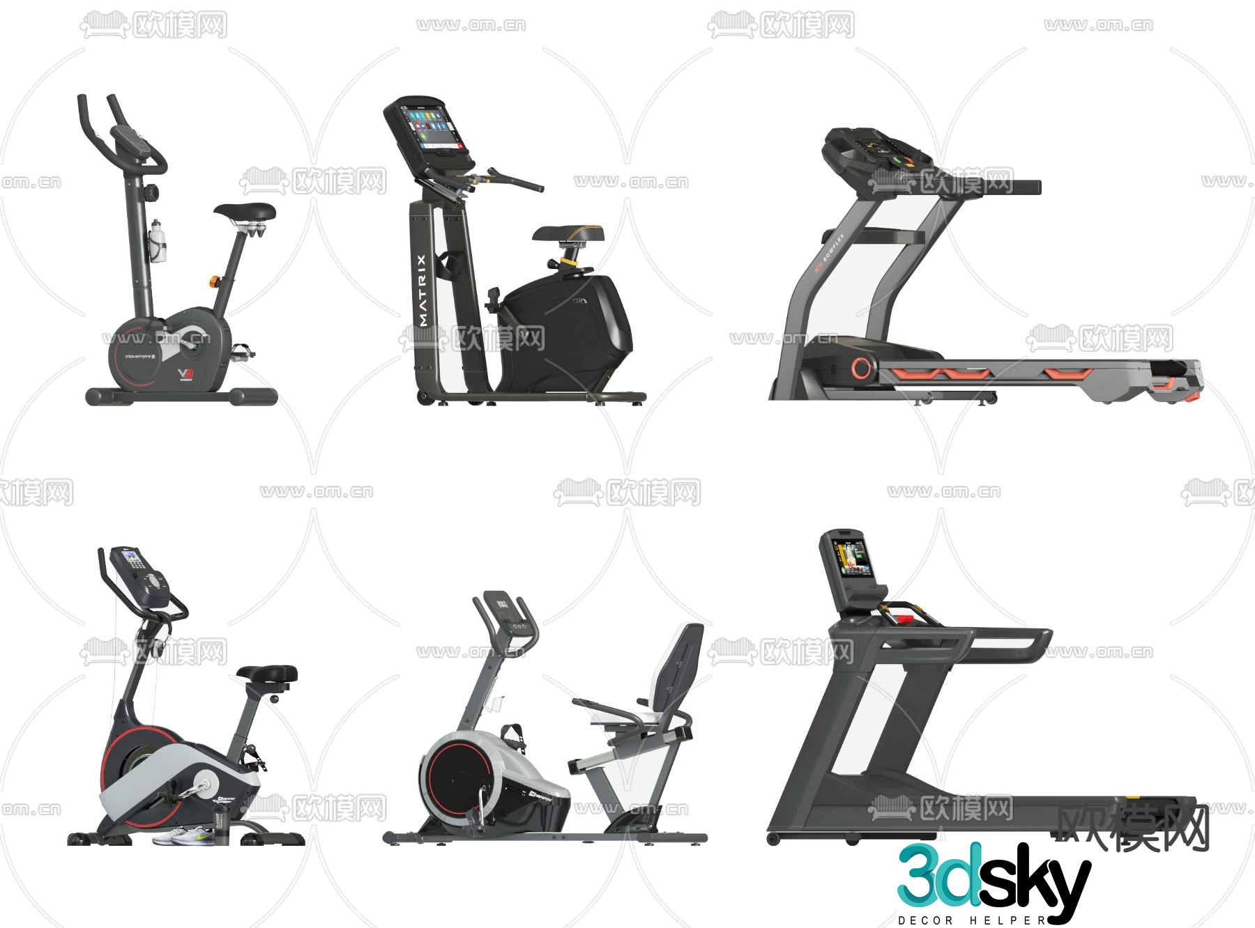 Modern treadmill, spinning bike, fitness equipment 3d model