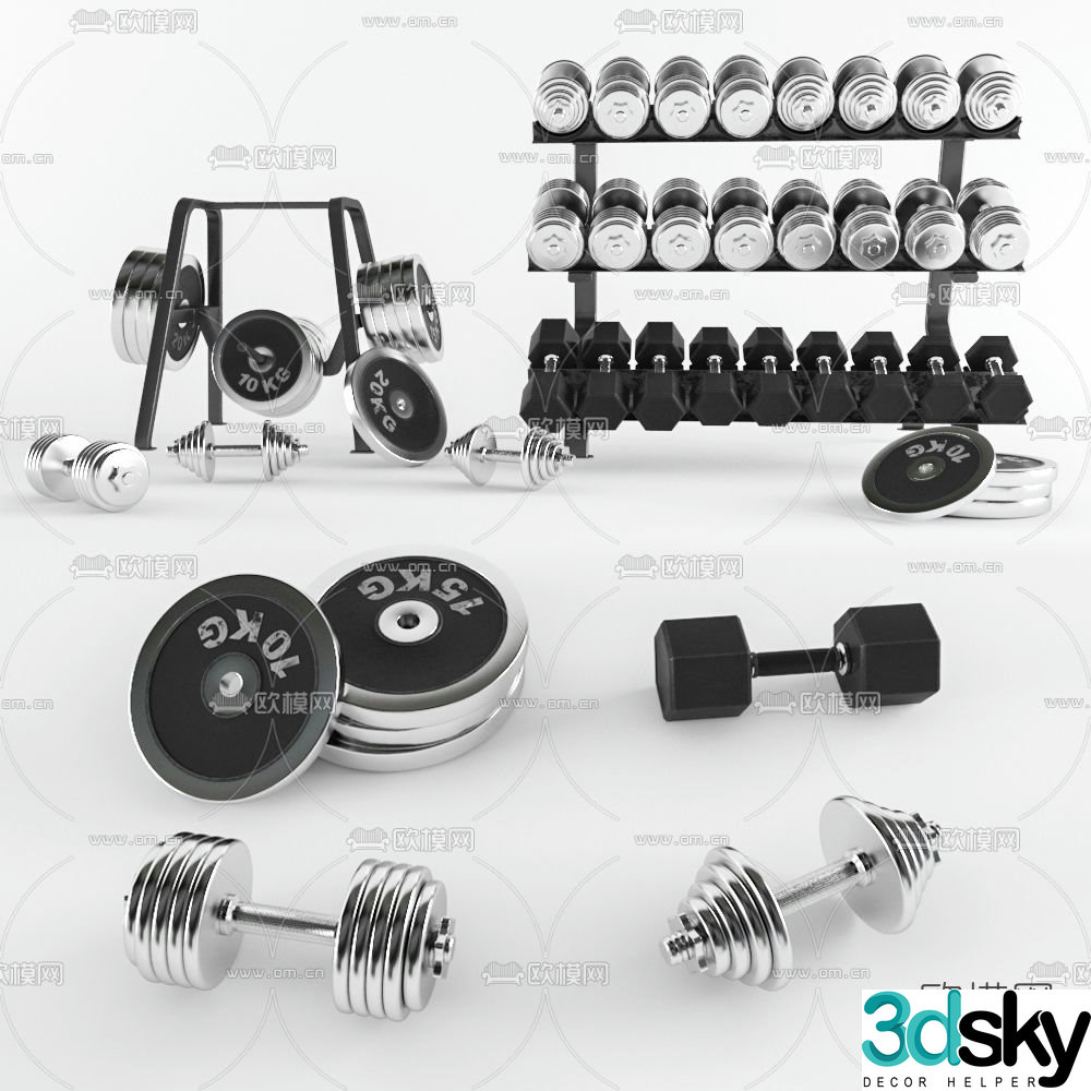 Fitness equipment dumbbell barbell 3d model