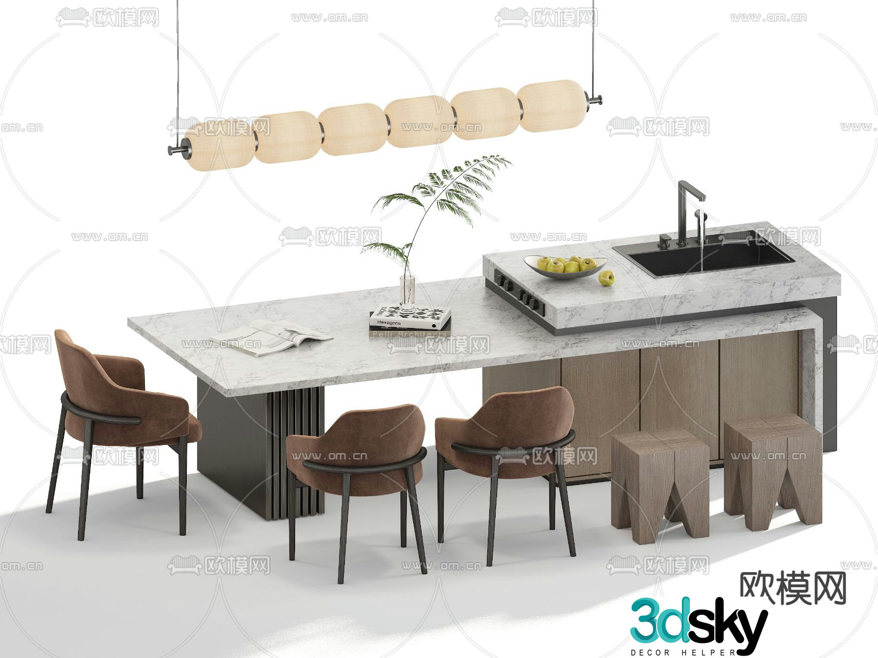Minotti modern island dining table and chairs 3d model