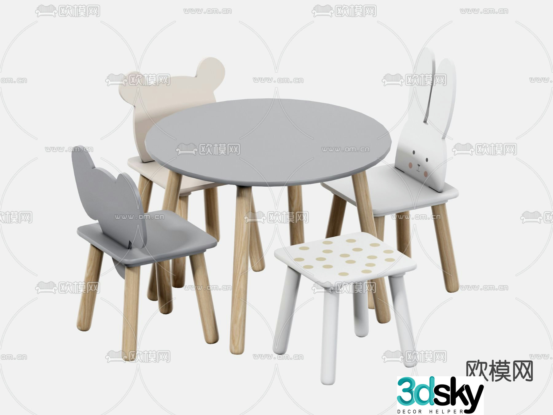 Nordic children cartoon table and chair 3d model