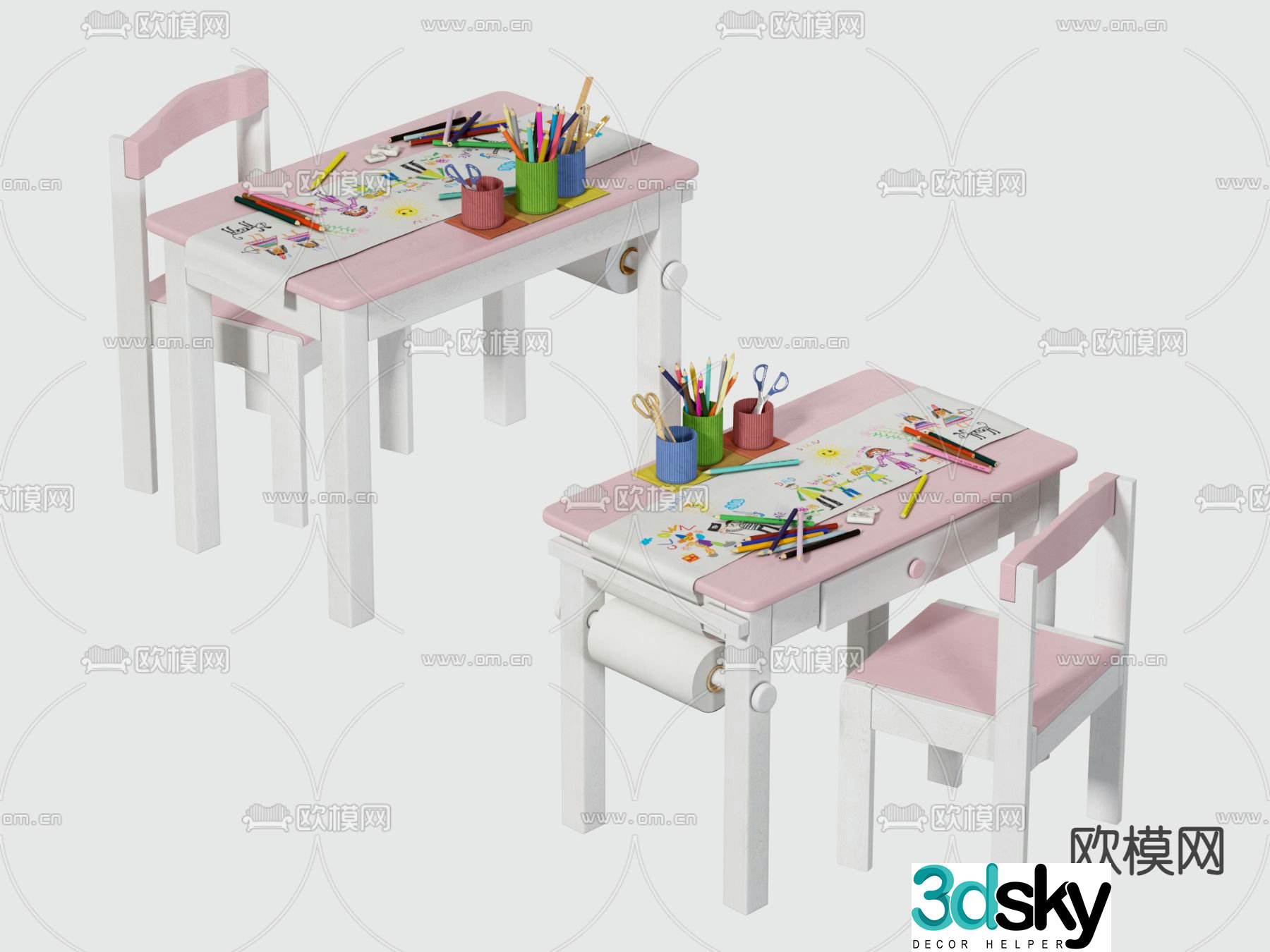 Modern children’s study desk and chair 3d model