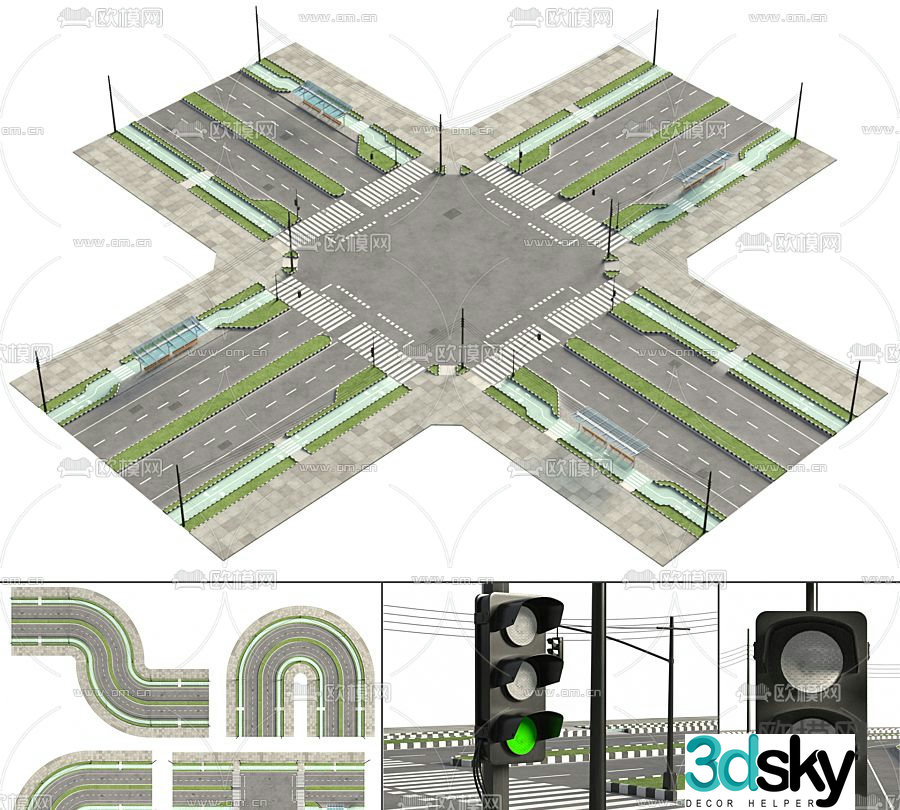 Modern traffic light intersection road 3d model