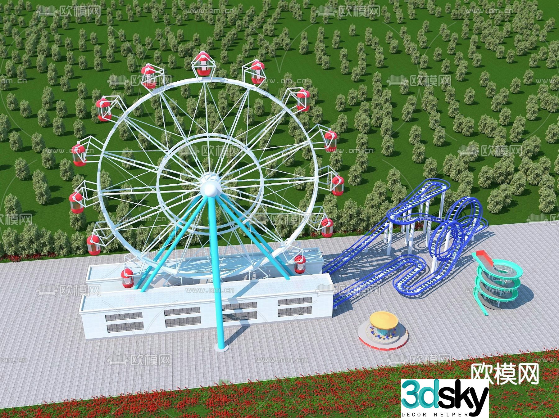 Ferris wheel roller coaster slide amusement rides 3d model