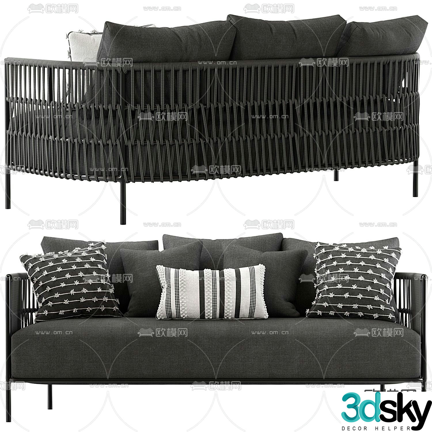 Minotti black multi-seat sofa rope sofa 3d model