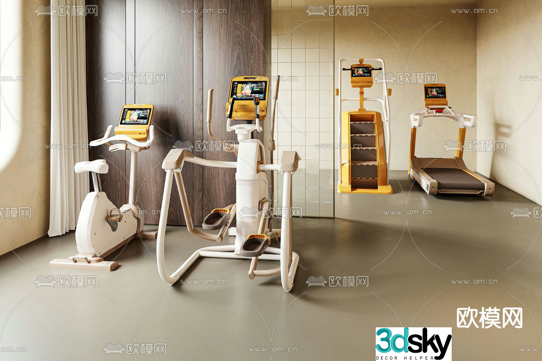 Treadmill, spinning bike, fitness equipment 3d model