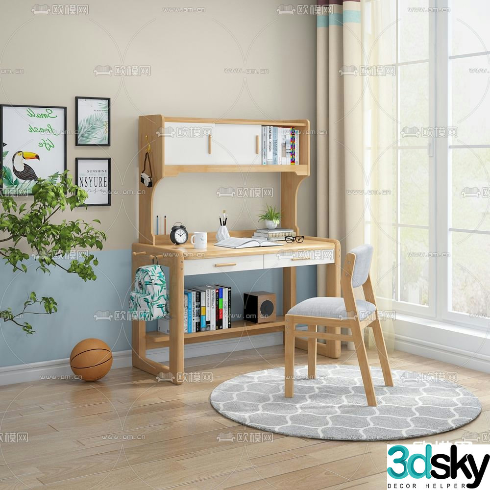 Nordic children’s desk chair desk 3d model