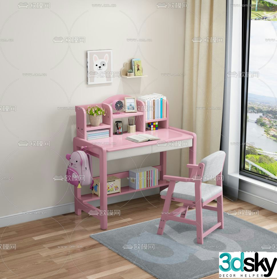 solid wood desk children’s desk 3d model