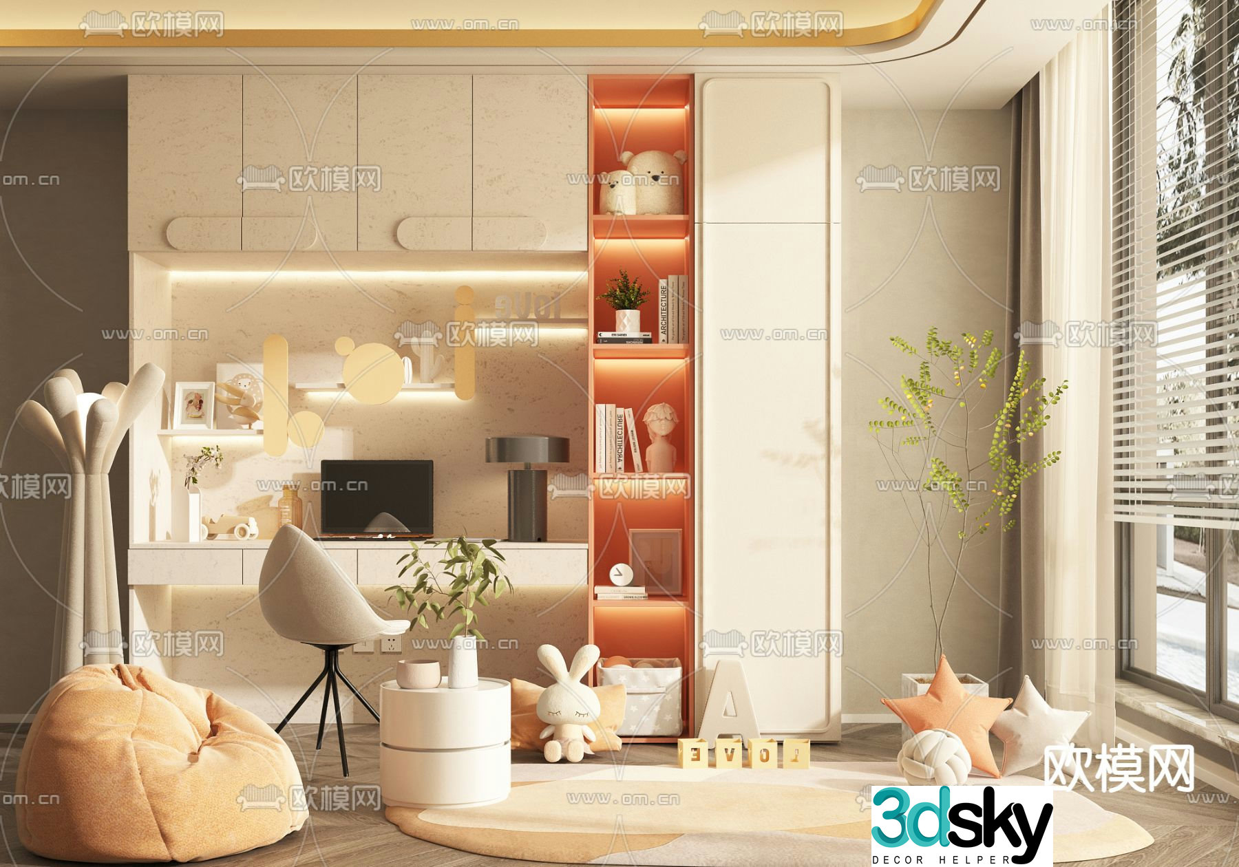 Integrated children’s desk chair bookcase 3d model