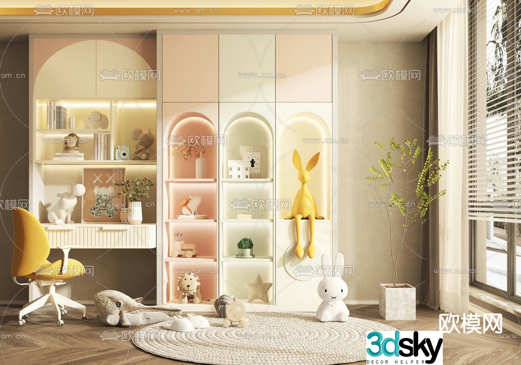 Cream style children’s desk chair bookcase 3d model