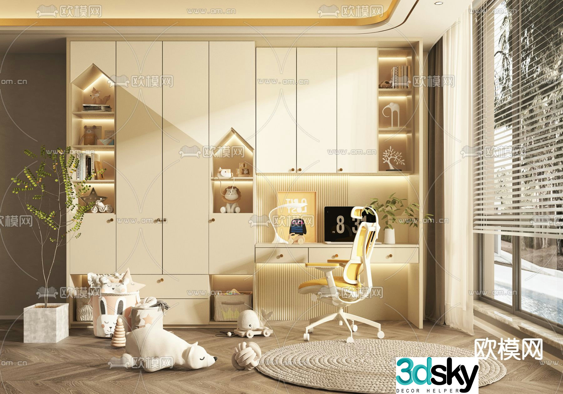 Integrated children’s desk chair bookcase 3d model