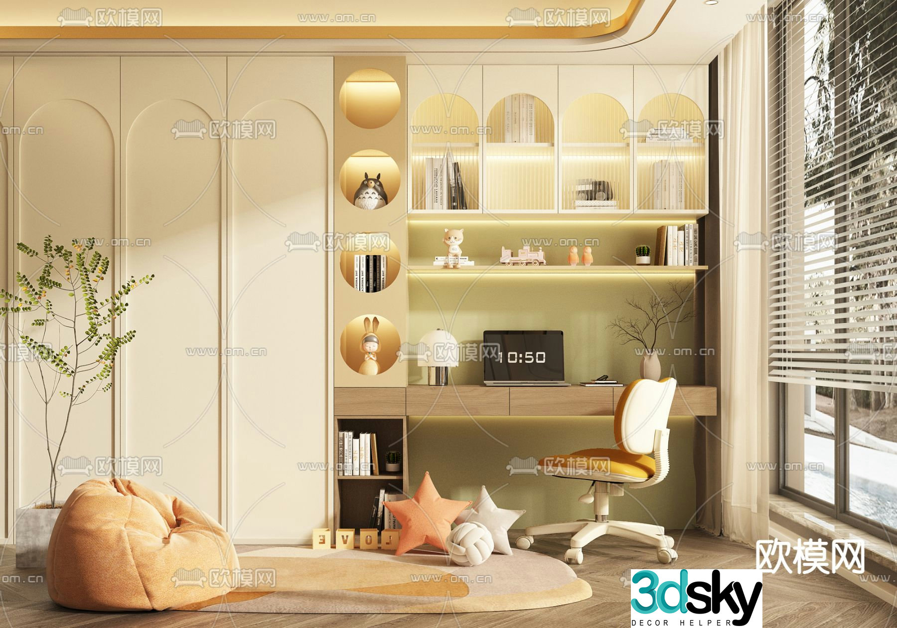 Integrated children’s desk chair bookcase 3d model