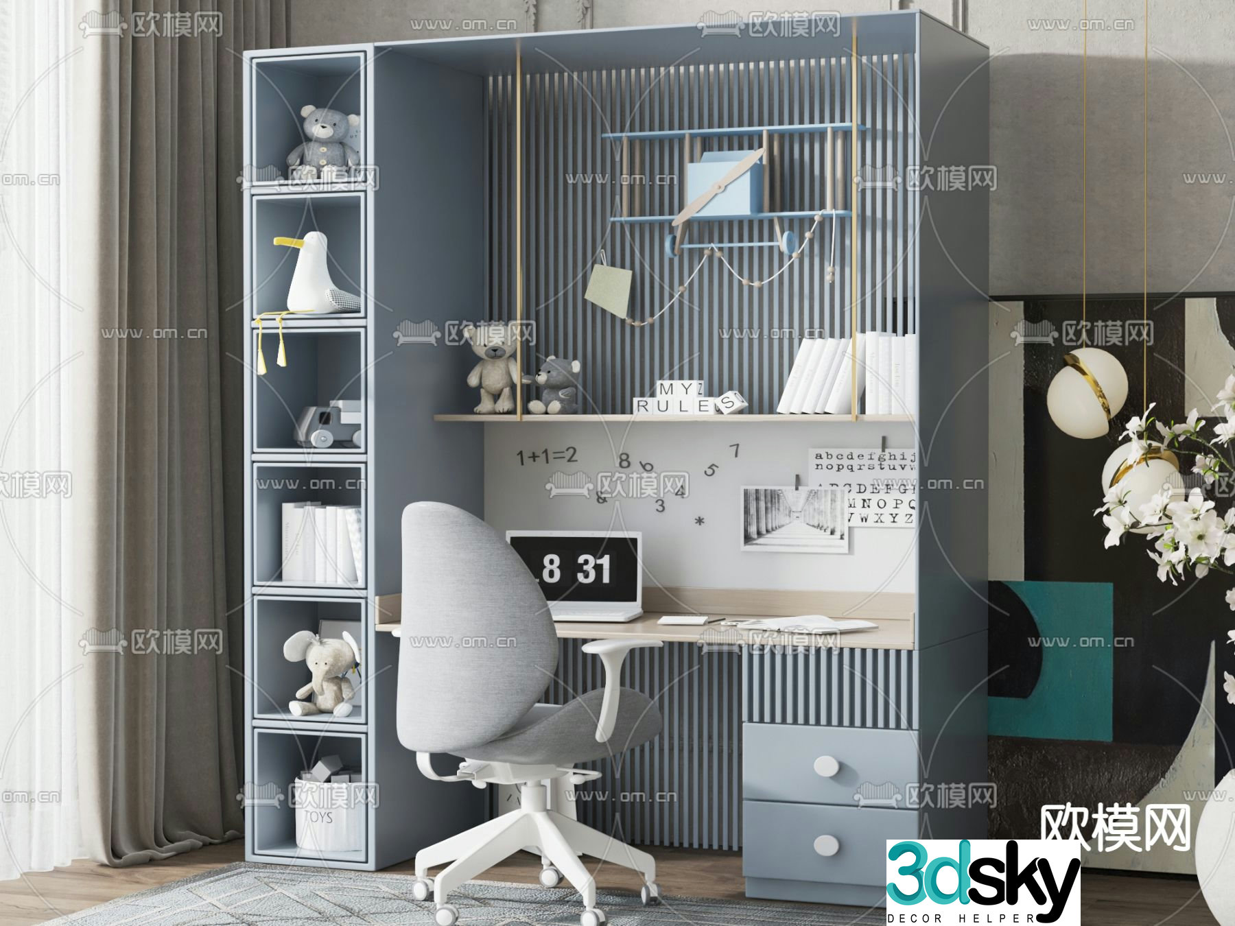 Cream style children’s cabinet desk chair 3d model