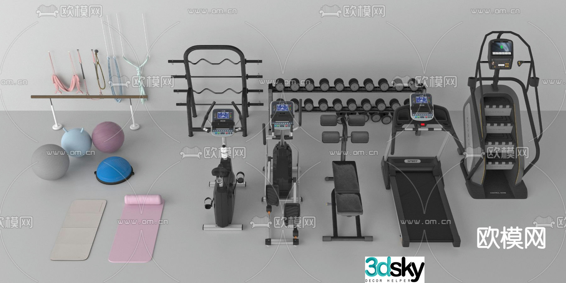 fitness equipment yoga dumbbell treadmill 3d model