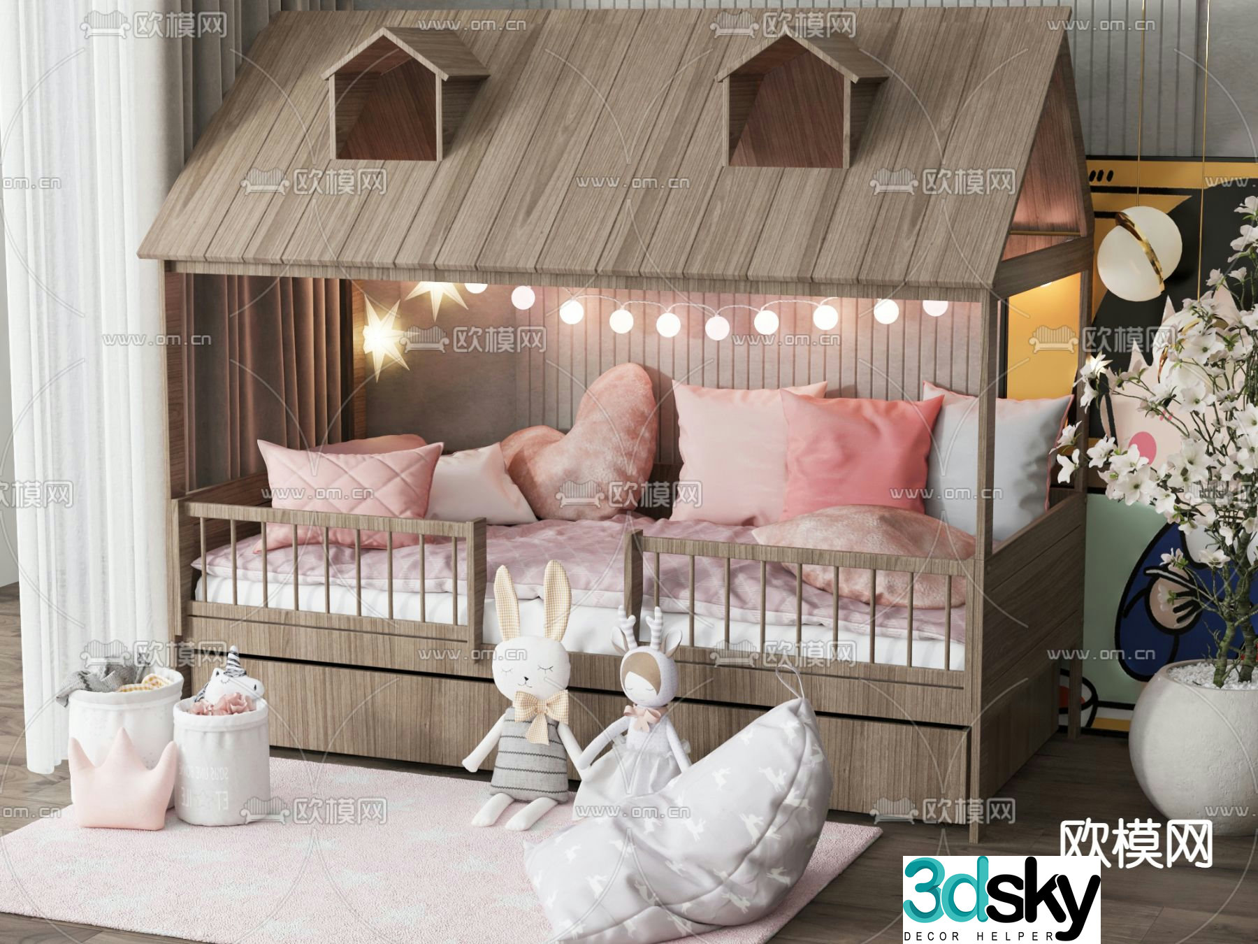 Children’s bed wooden house bed 3d model