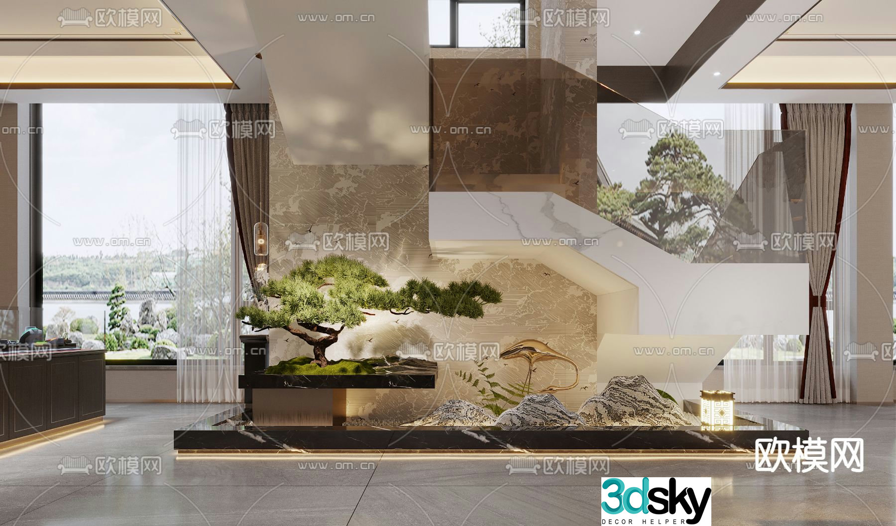 New Chinese style entrance green plants landscaping sketch 3D model