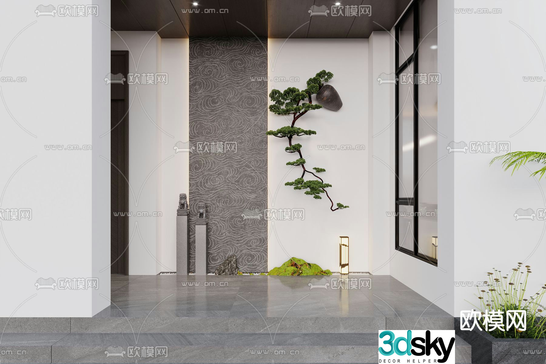 New Chinese style entrance green plants landscaping sketch 3D model