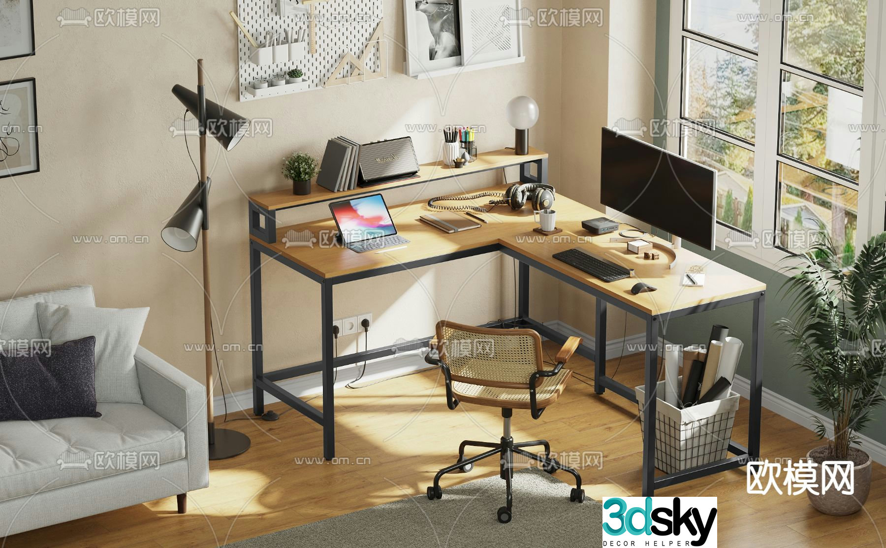 Cream style office desk and chair 3d model