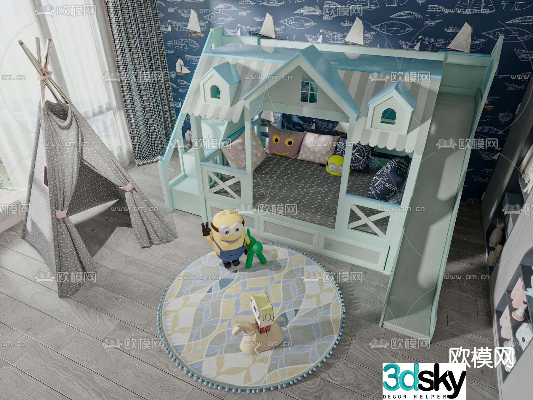 Nordic room-shaped children’s bed 3D model
