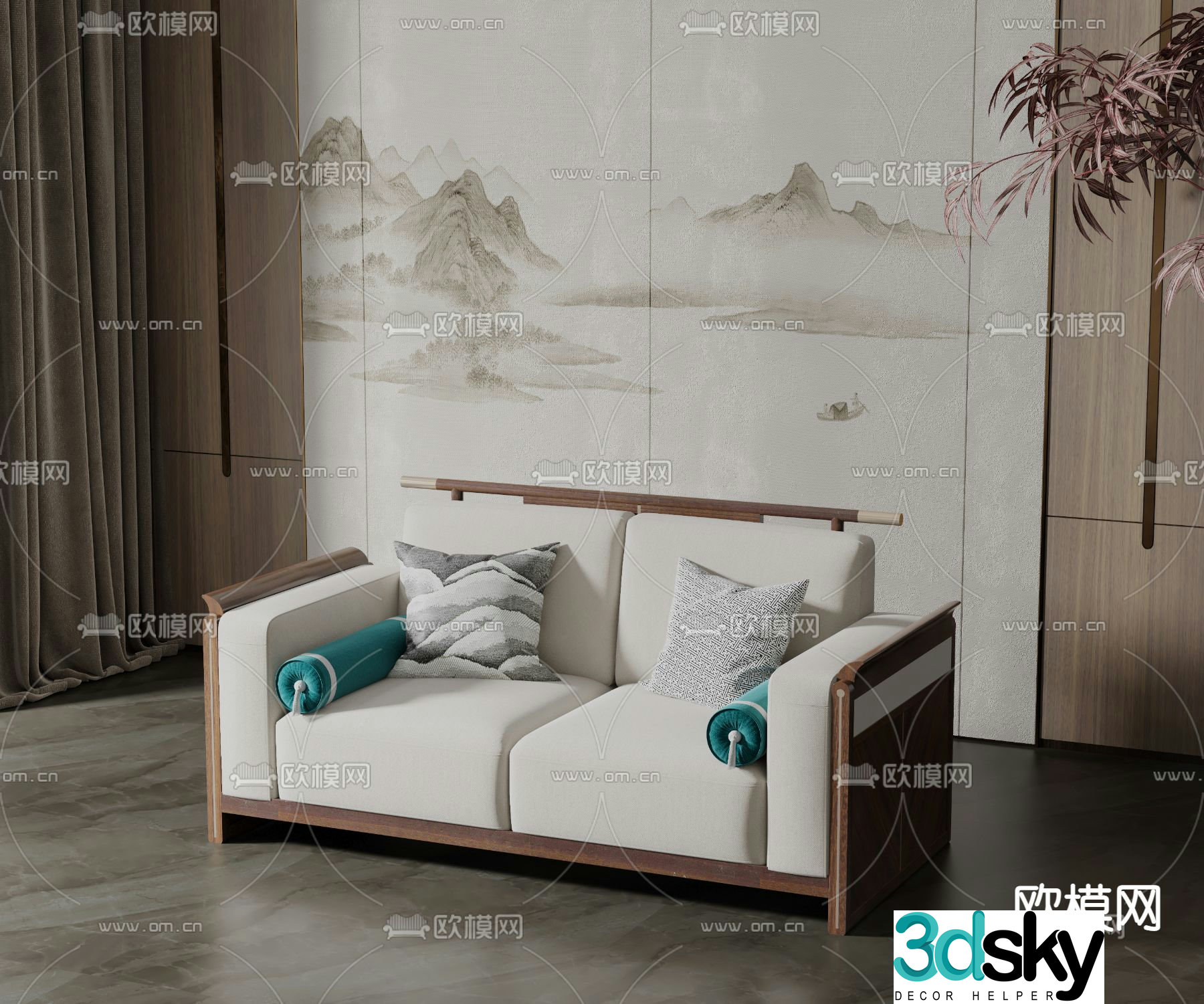New Chinese style double sofa 3D model