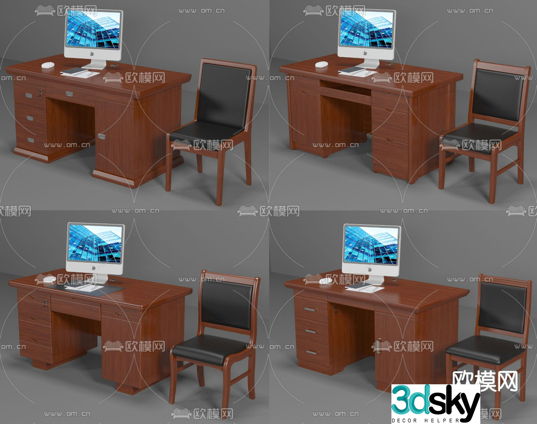 Chinese style single office desk and chair 3d model