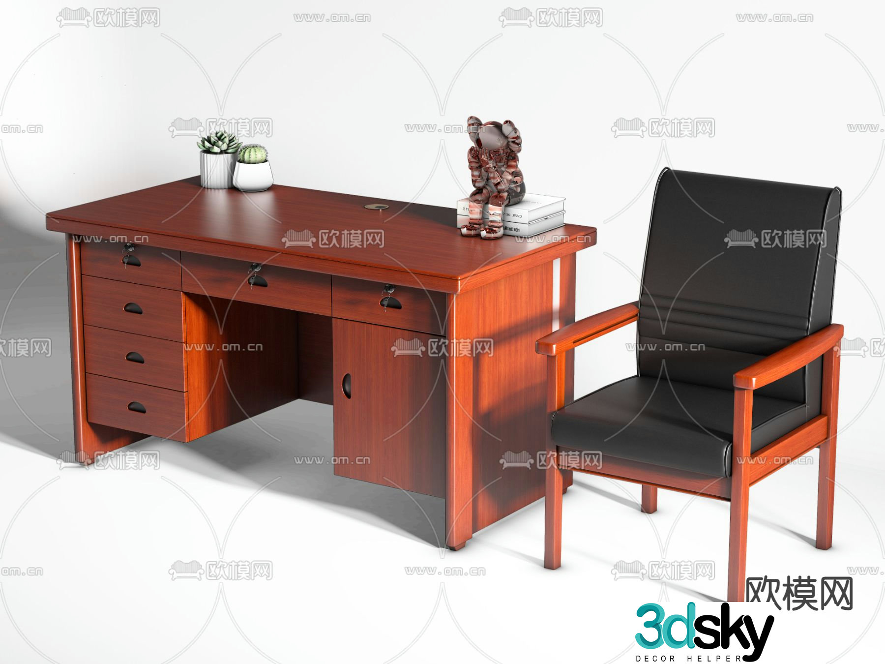New Chinese style office desk and chair desk 3d model