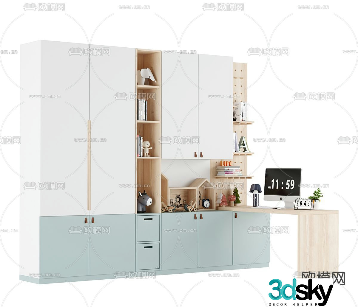 Integrated children’s bookcase desk 3d model