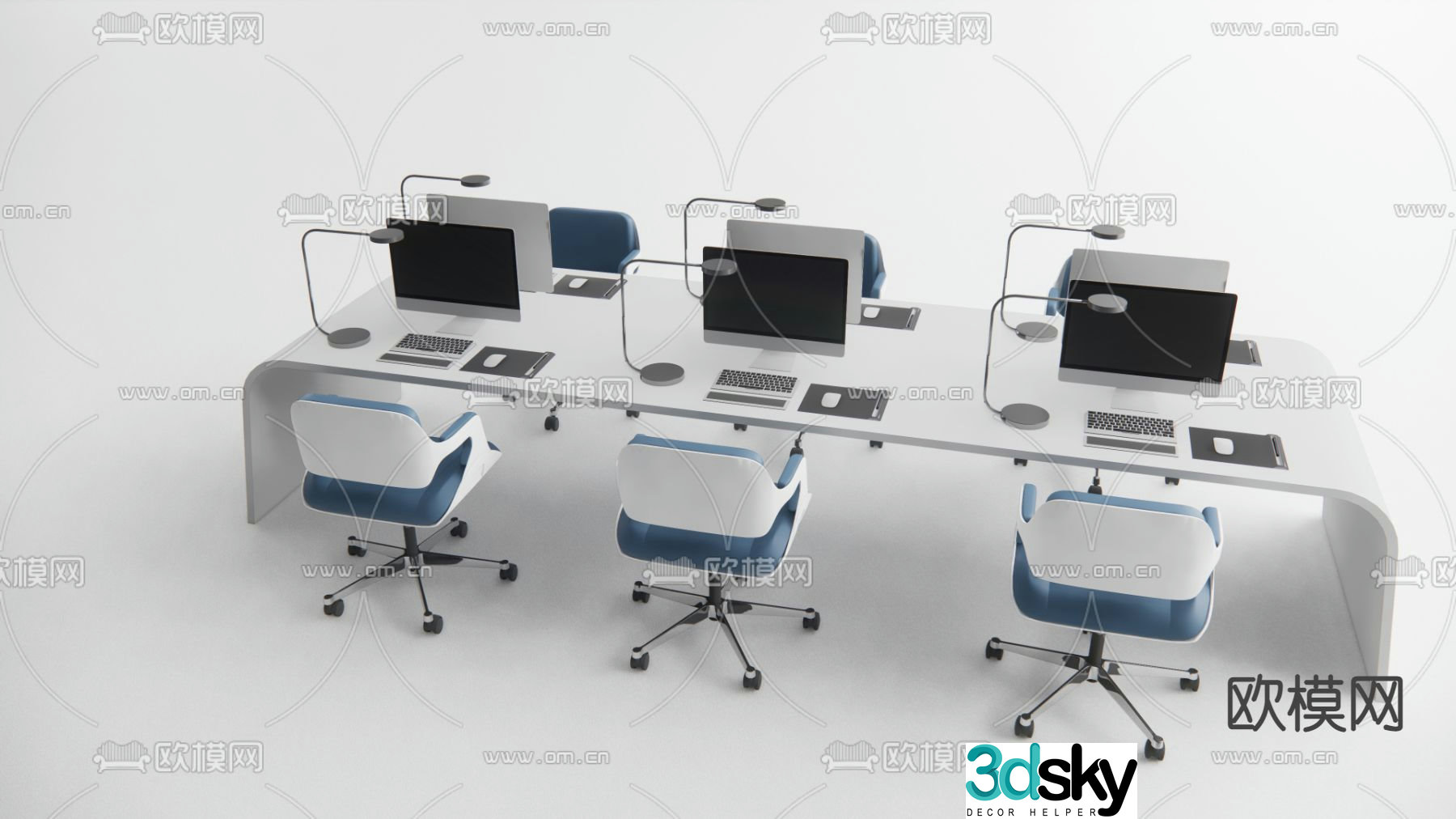 Office desks and chairs staff tables and chairs 3D model of desks with card positions