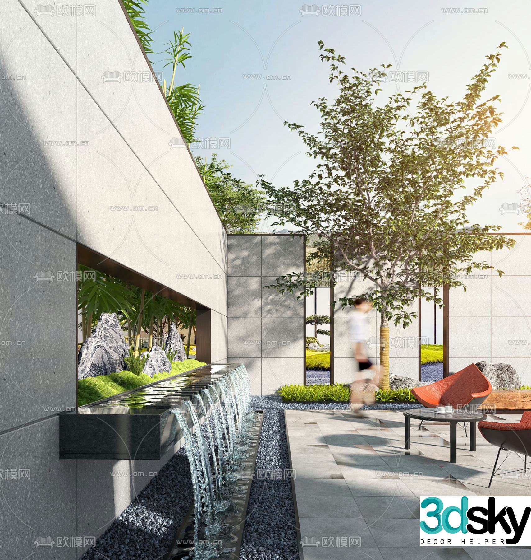 Courtyard water wall landscape sketch 3D model