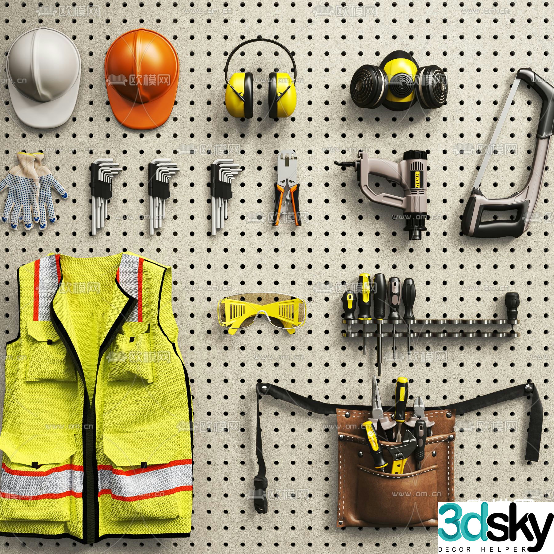 Screwdriver, electric drill, hardware tools, safety clothing 3D model