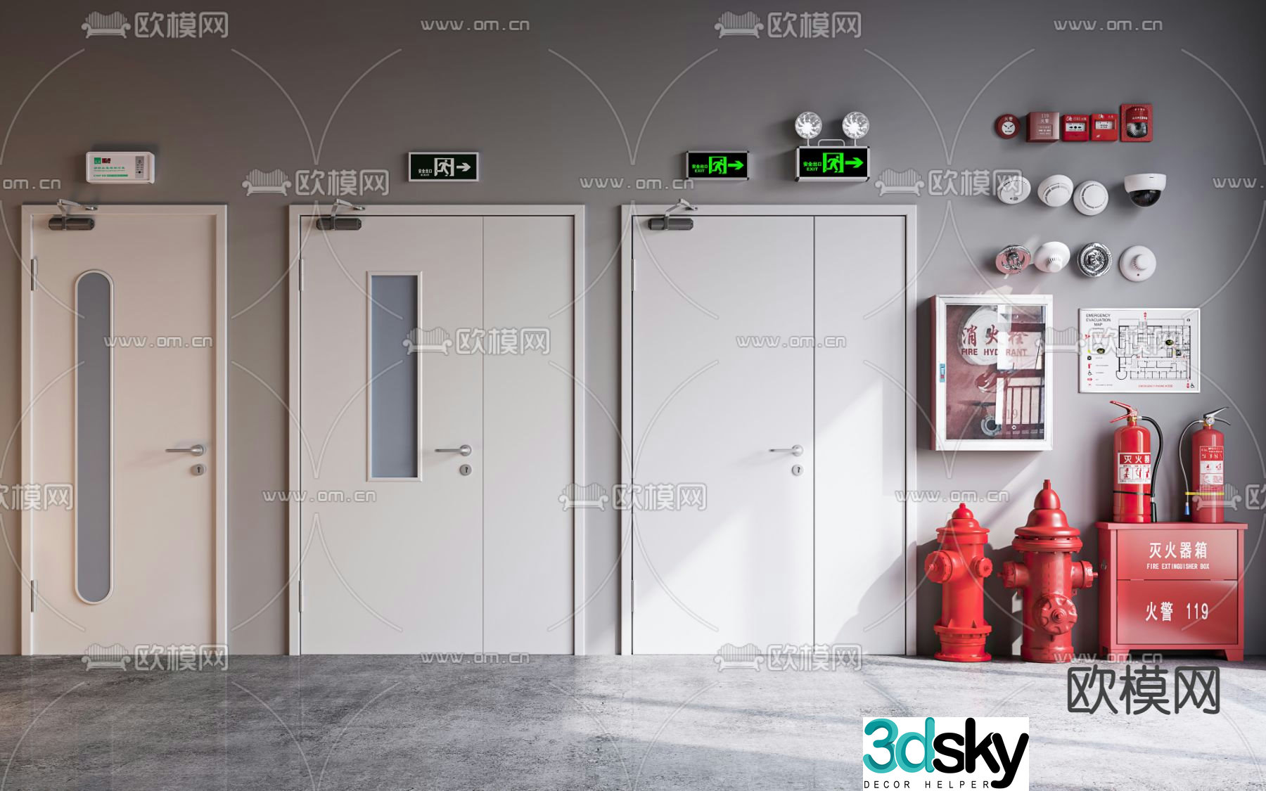 fire door fire door fire hydrant fire extinguisher 3d model