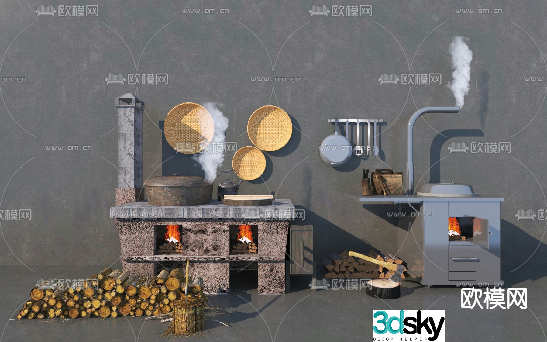 Chinese stove rural stove sketch 3D model