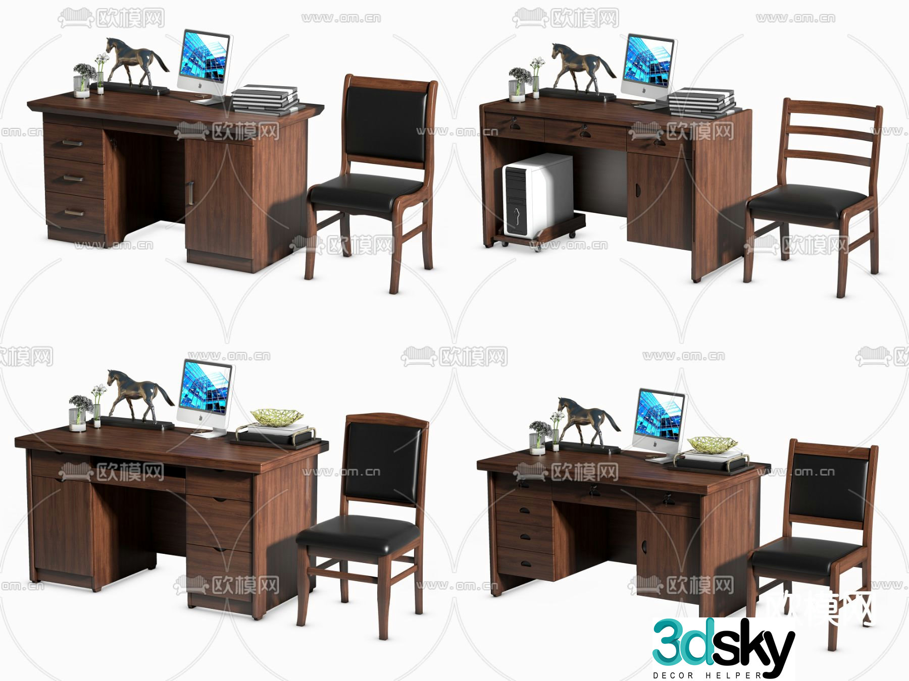 New Chinese style office desks and chairs 3D model of office desks and chairs