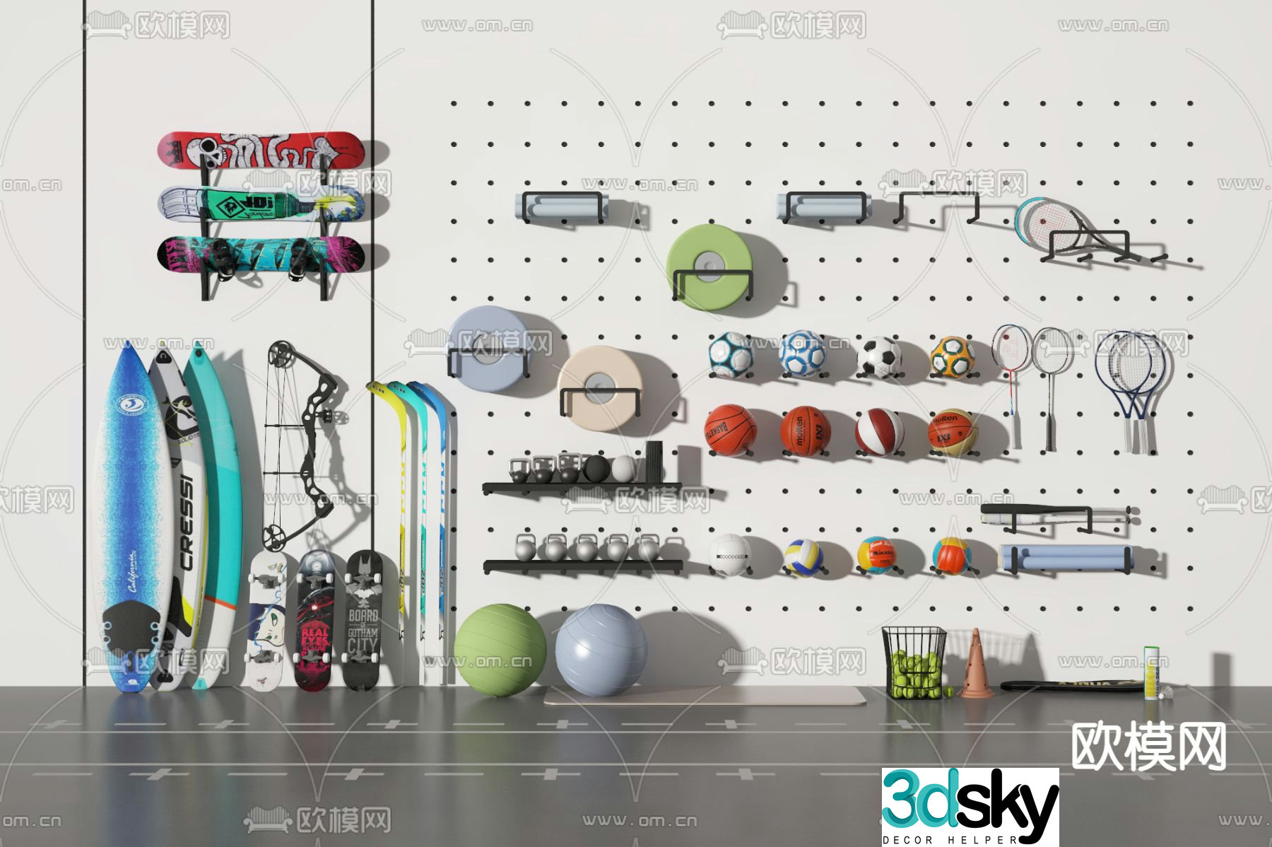 Sports equipment racket skateboard fitness equipment 3d model