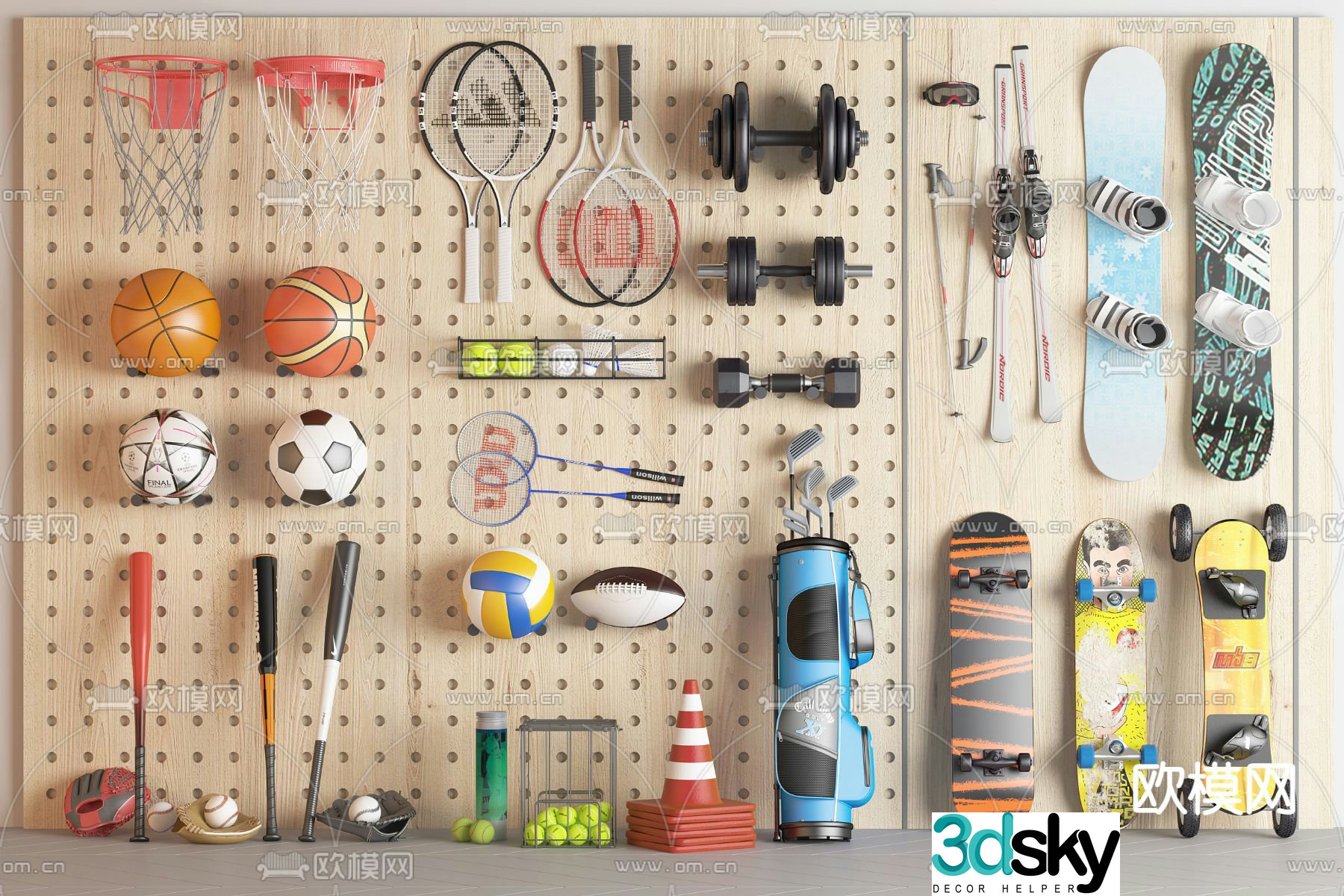 racket skateboard sports equipment 3d model